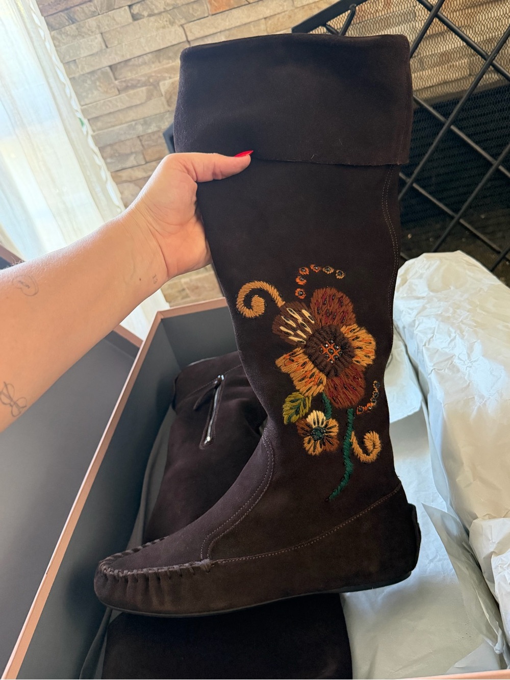 Miu Miu Dark Brown Suede Over-the-Knee Boot with Floral Embroidery